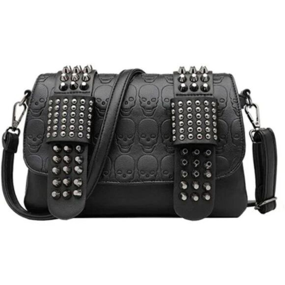 New Women Studded Crossbody Purse Black Skull Handbag - Picture 1 of 8